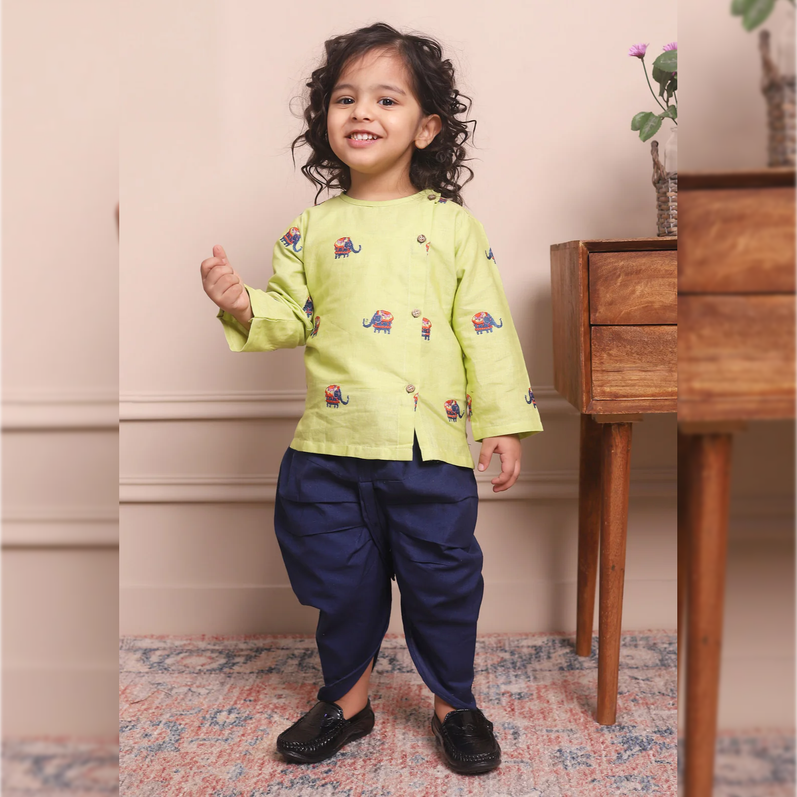 Polka Tots Full Sleeve Elephant Embroidery Angrakha Top With Dhoti - Green and Navy Blue